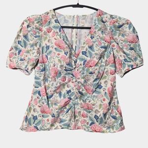 La Vie Rebecca Taylor Painted Garden Floral Puff Sleeve Blouse L Cottagecore